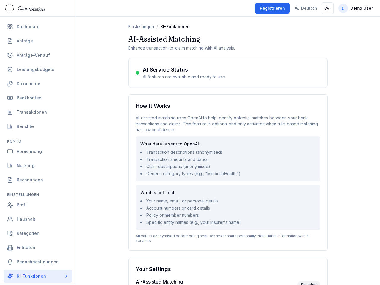 ClaimStation KI-Funktionen-Einstellungen